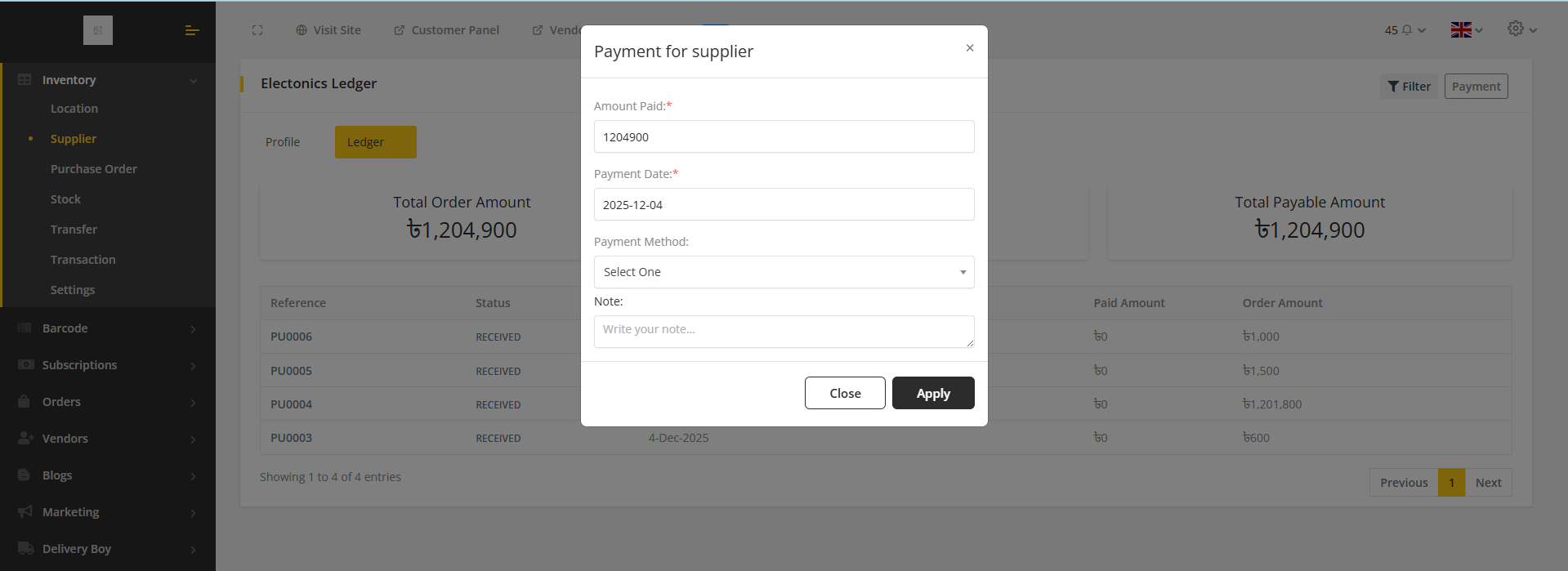 Admin Payment Modal & Updated Ledger
